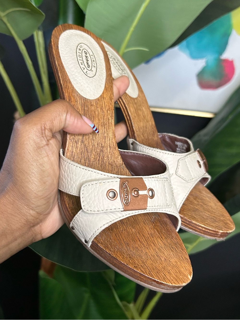 Dr. Schools Cream Leather Slide Mules with Wood-Effect Footbed